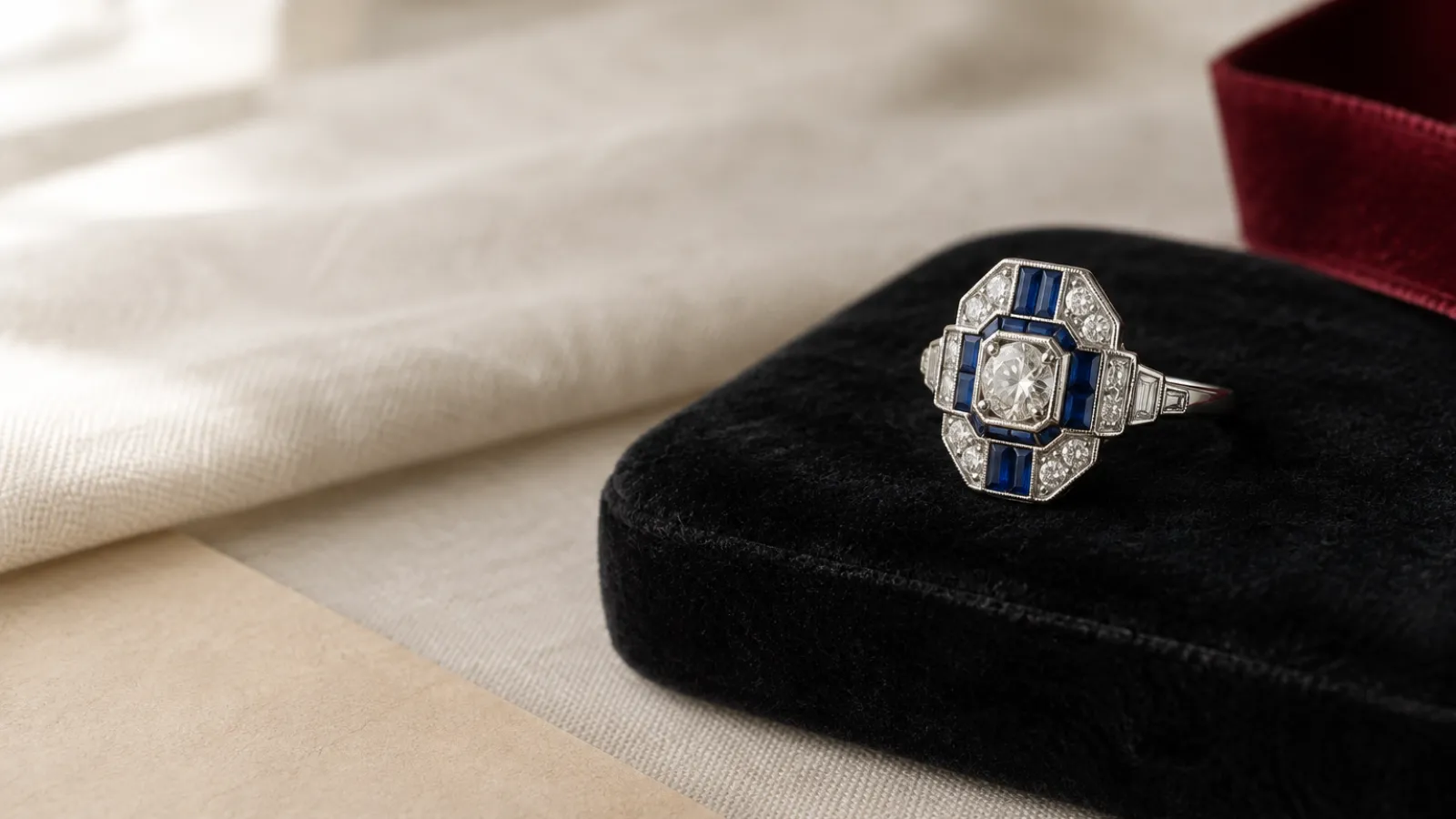 Geometric Art Deco platinum ring with diamonds, calibre-cut stones and onyx accents