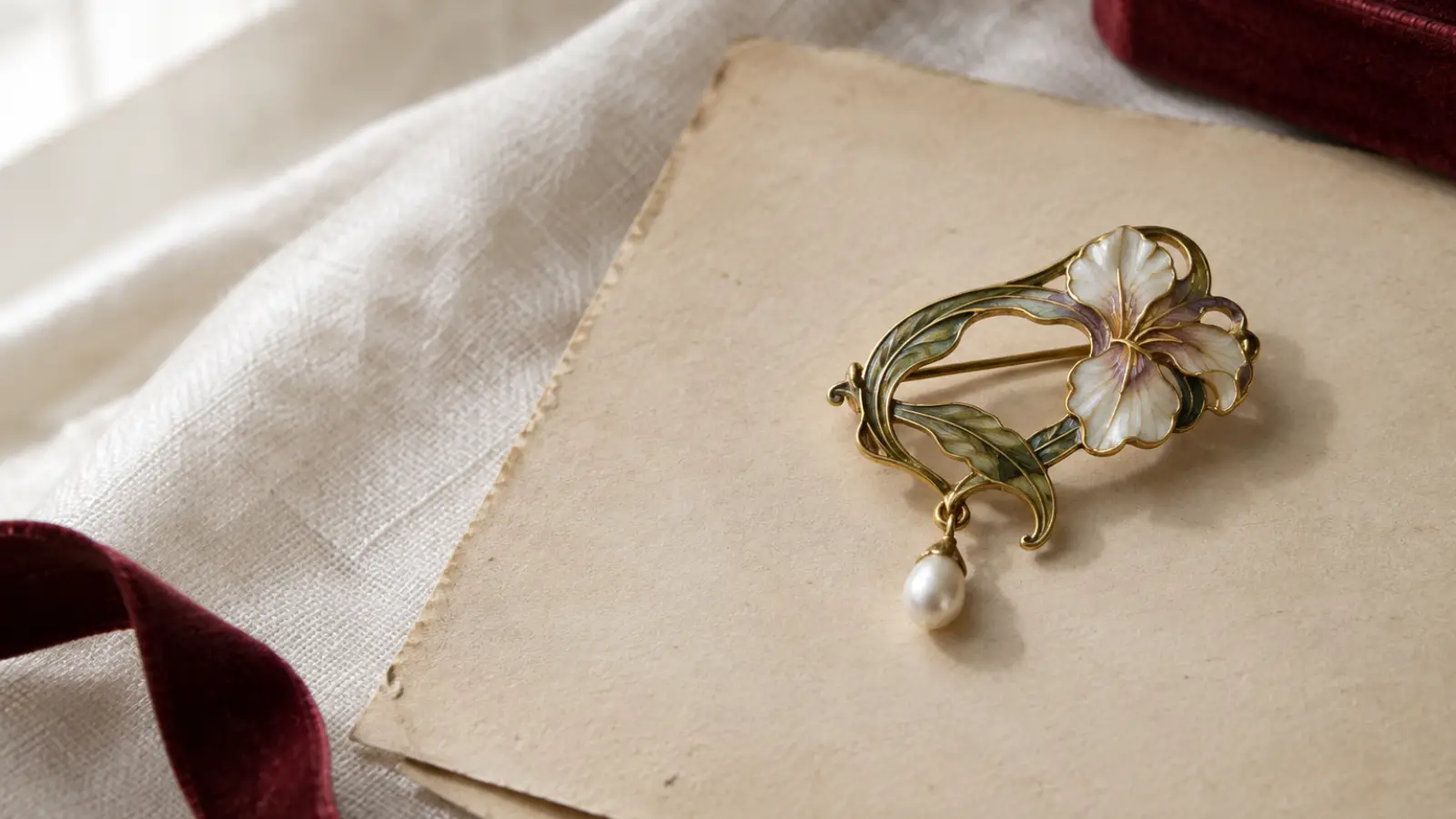 Art Nouveau jewelry with flowing enamel, moonstone, opal and botanical motifs