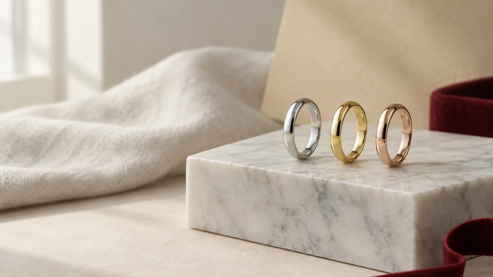 Platinum, white gold and yellow gold engagement ring bands shown side by side