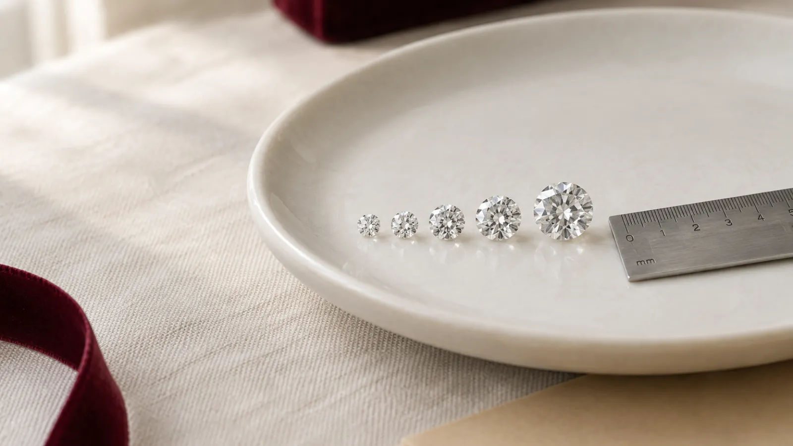 Round, oval, cushion and emerald-cut diamonds shown with carat weights and millimetre dimensions