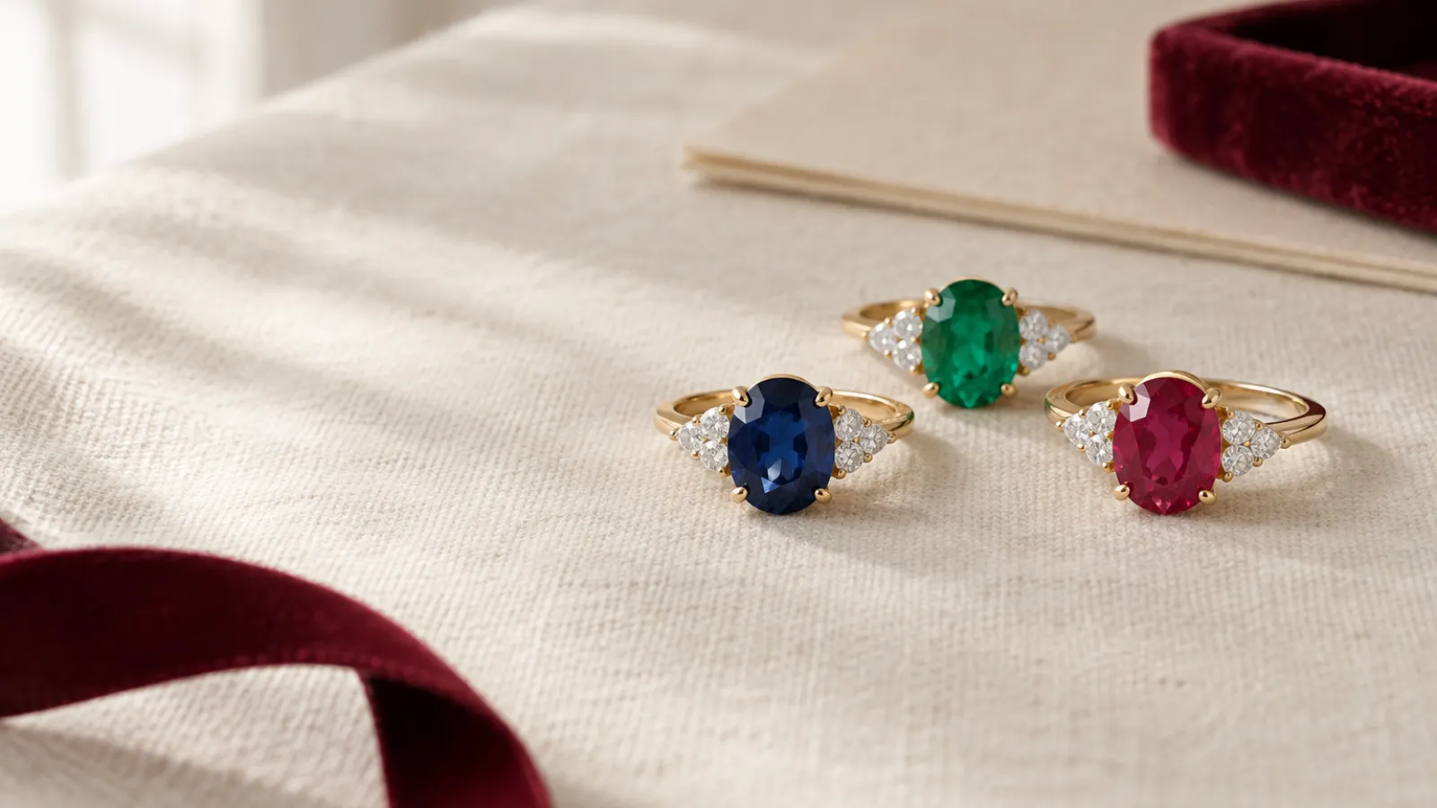Sapphire, alexandrite, aquamarine, emerald and ruby engagement rings in different metal settings