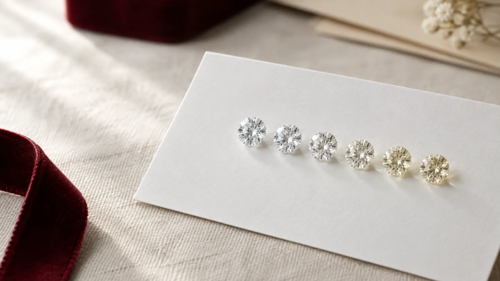 Diamond color grade comparison from D through Z beside white, yellow and rose gold settings