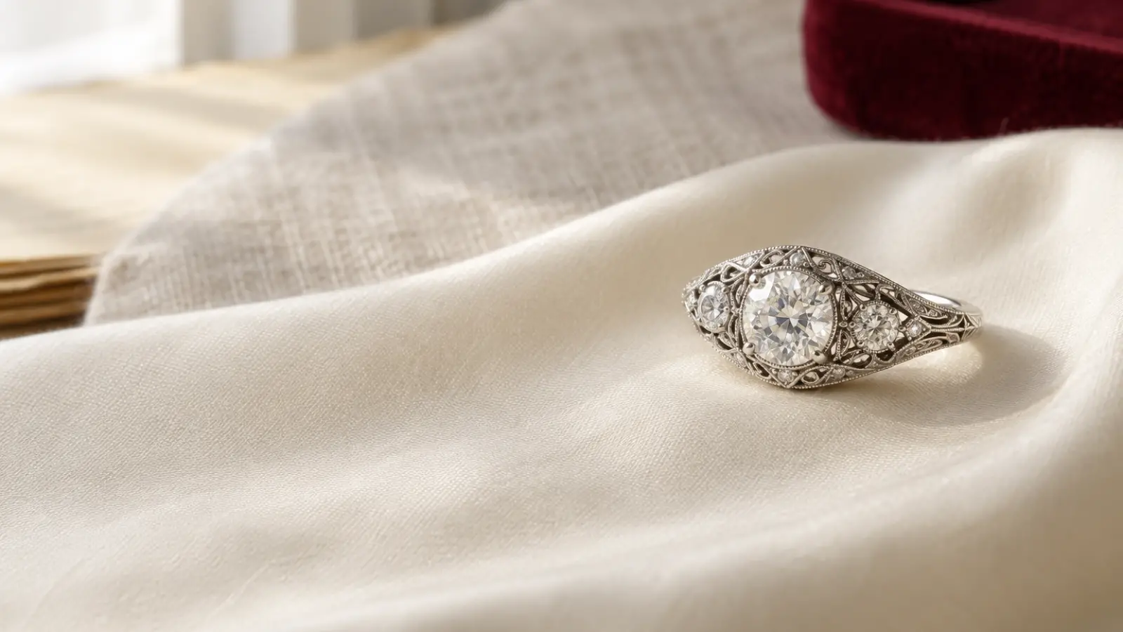 Edwardian platinum and diamond ring with millegrain edges and a lace-like openwork setting
