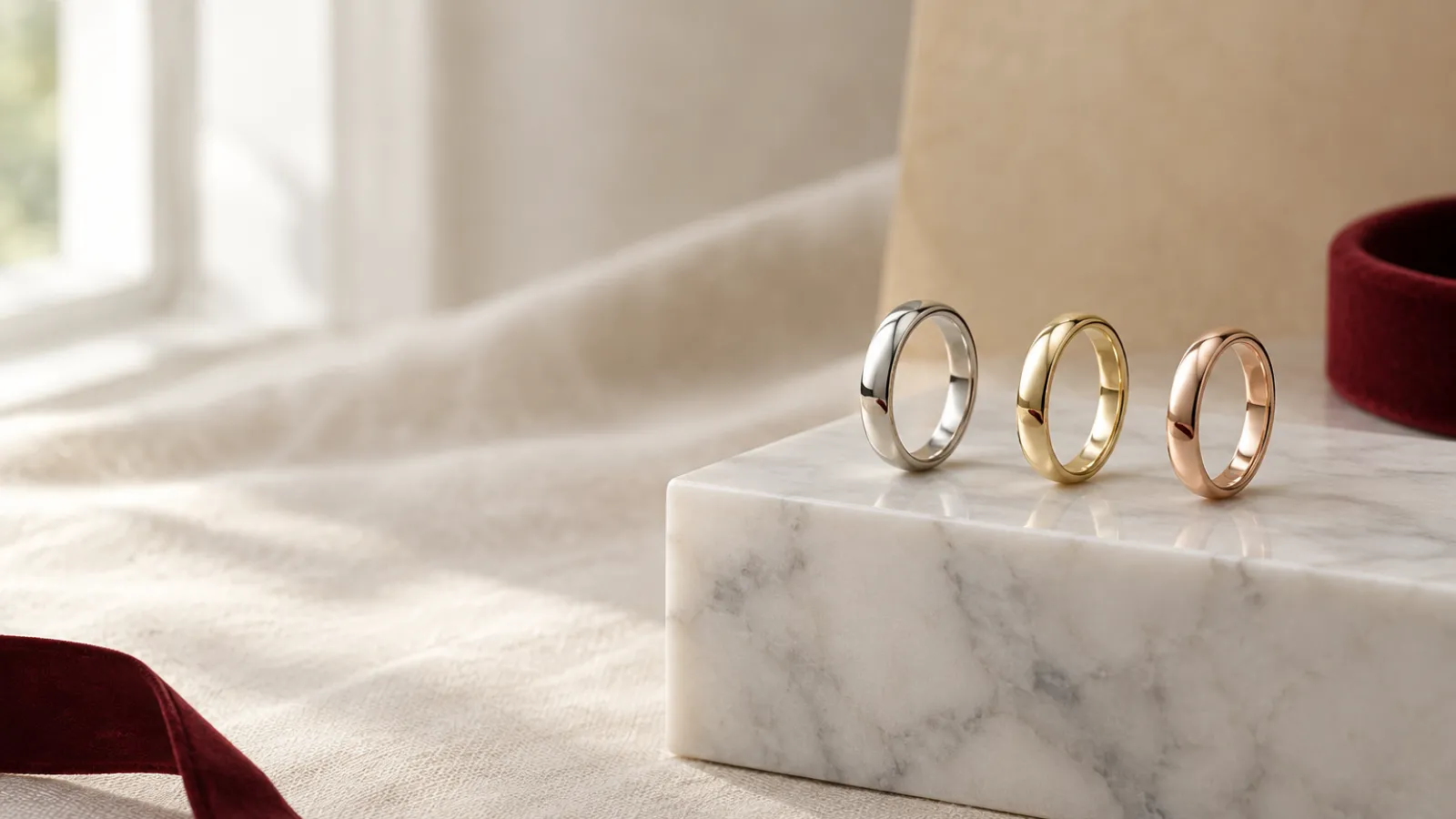 Gold jewelry beside a hallmark loupe and a fineness reference chart