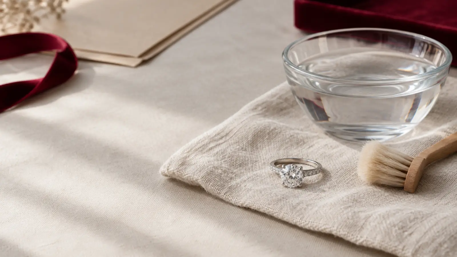 Soft brush and lukewarm soapy water used to clean a diamond ring at home