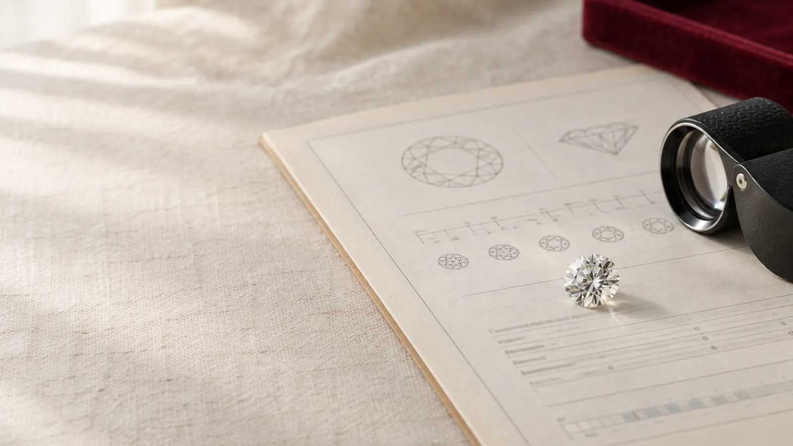 Diamond grading report showing 4Cs, proportions diagram, clarity plot, comments, and report number