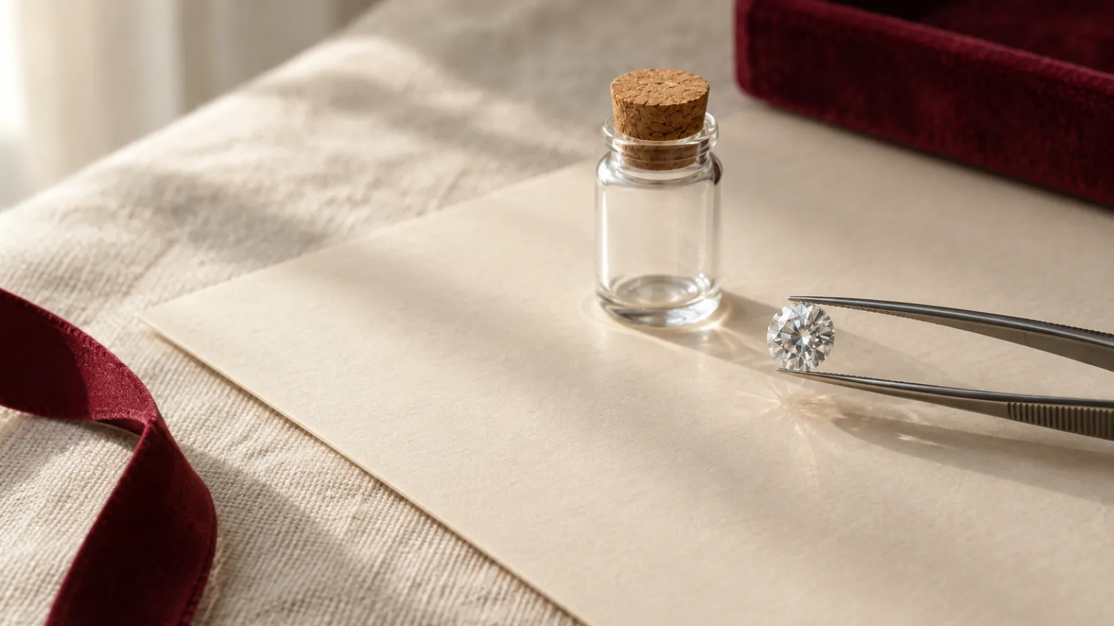 Loose diamond viewed through a jeweler's loupe beside a grading report
