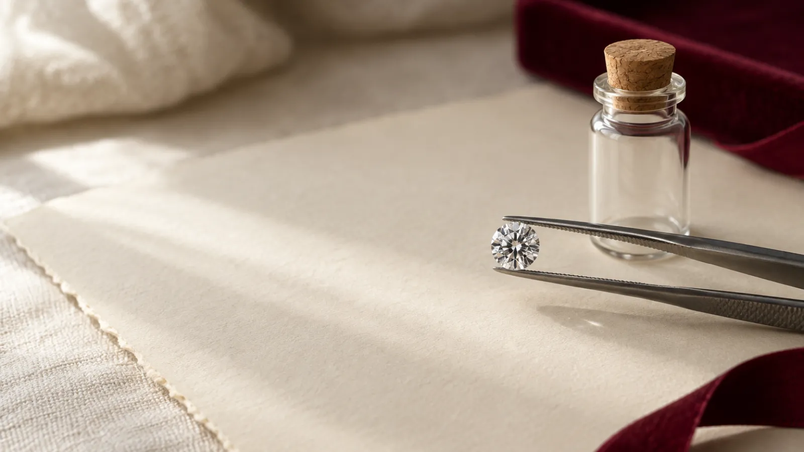 Loose lab-grown diamond, moissanite, and cubic zirconia shown for material comparison