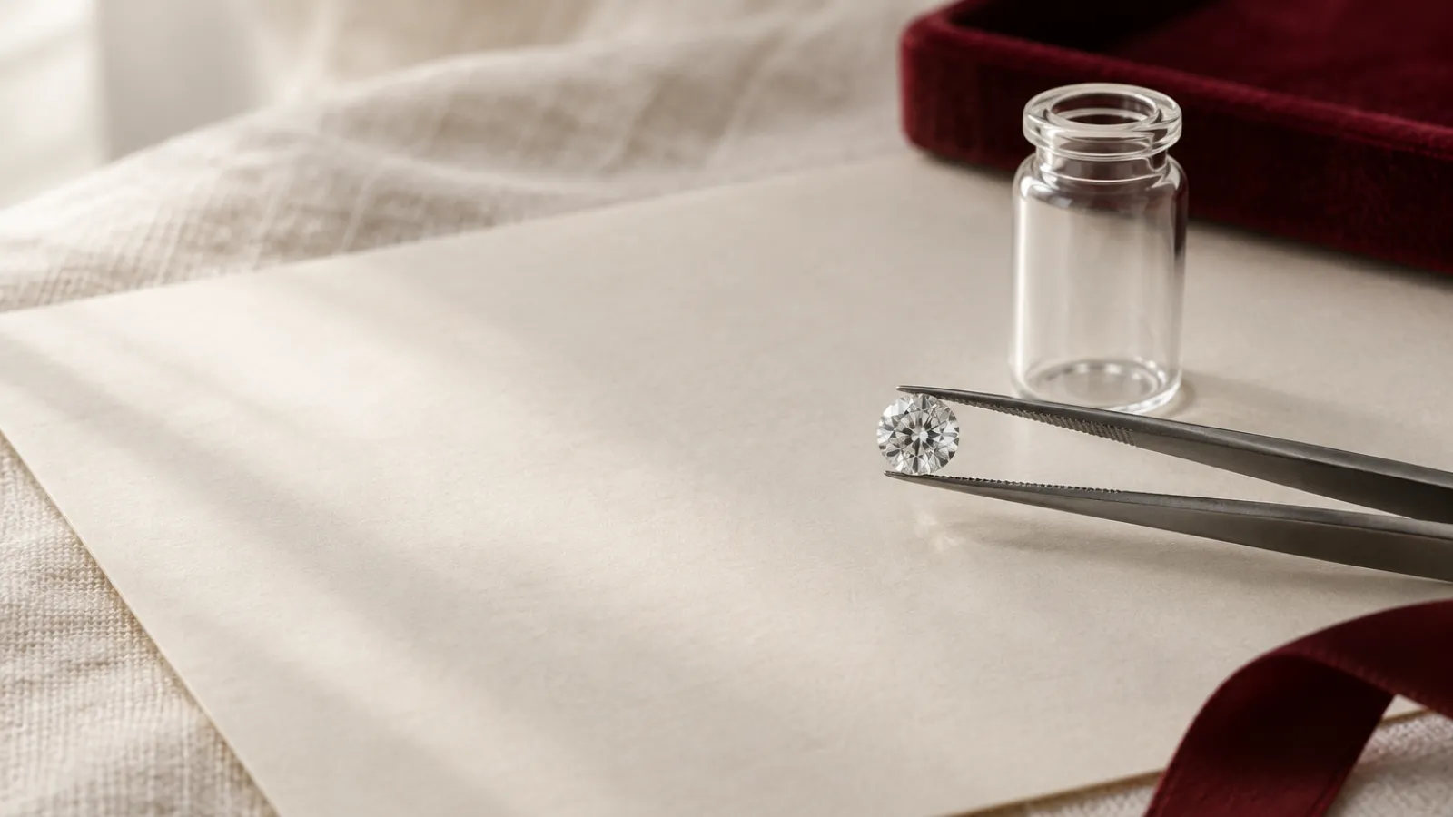 Round moissanite and lab-grown diamond shown beside grading reports