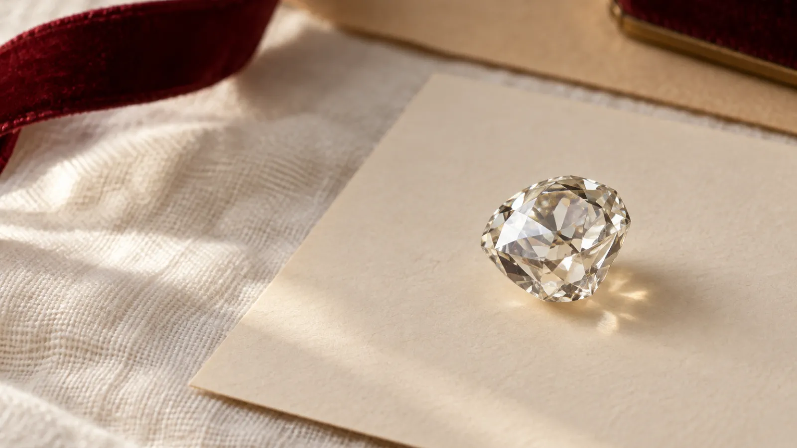 Old European cut diamond beside a grading report and antique ring setting