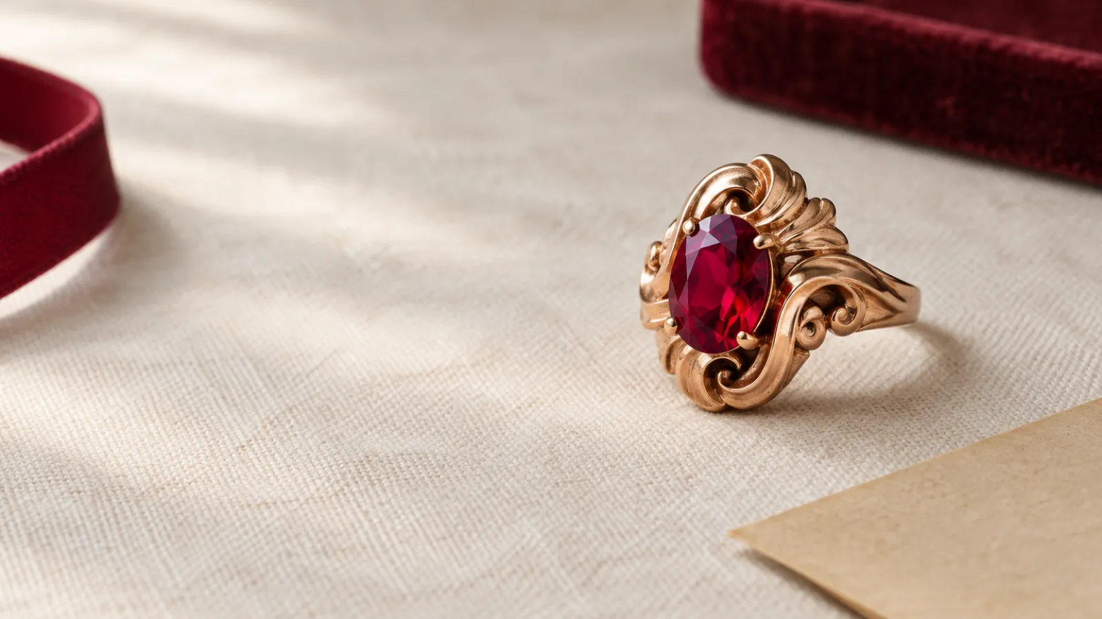 1940s Retro ring in rose gold with scroll details and colored stones