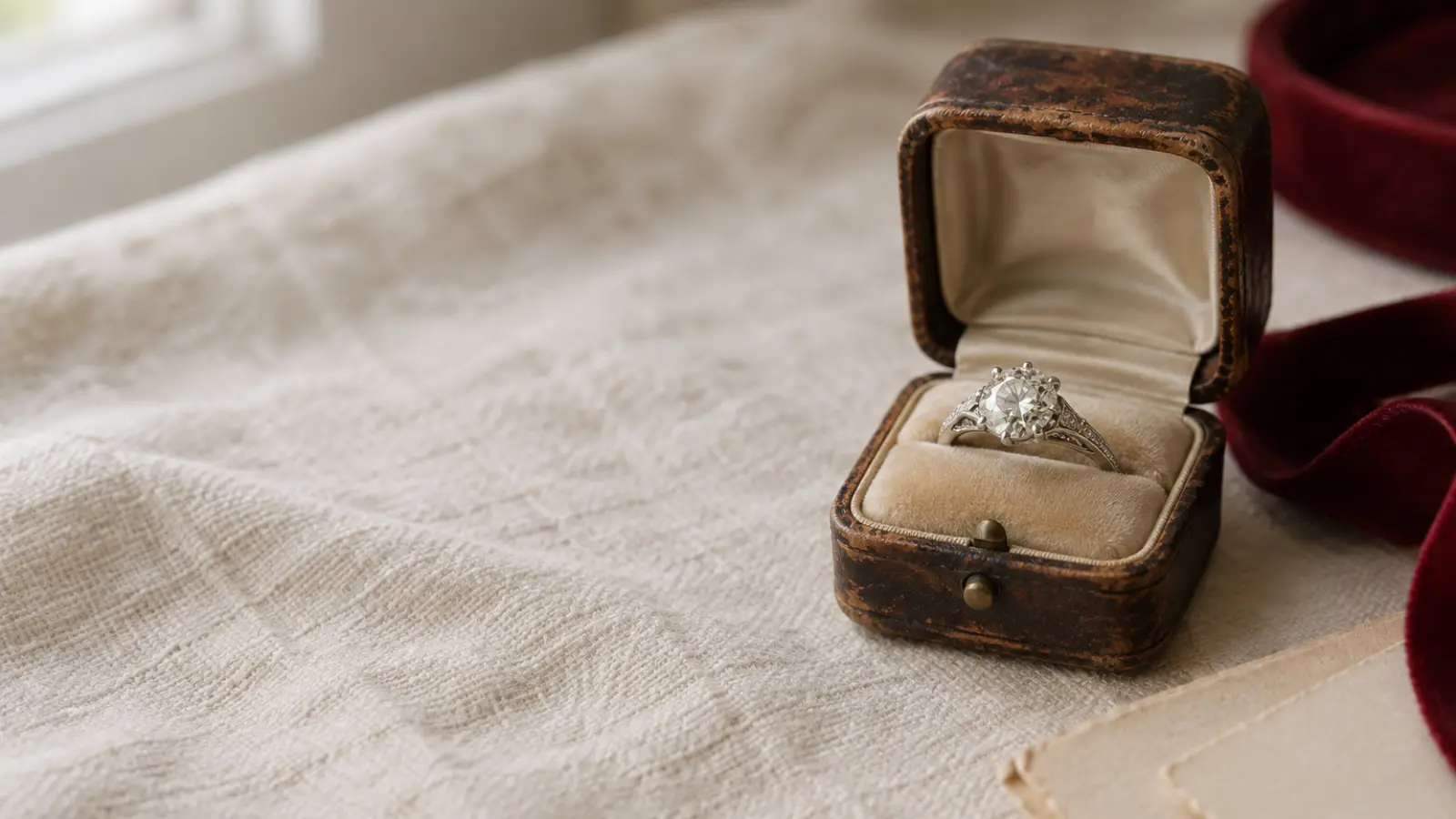 Vintage-inspired diamond engagement ring beside an original antique ring