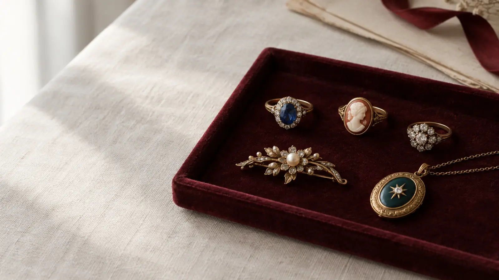 Vintage diamond ring photographed with a condition report and jewelry loupe