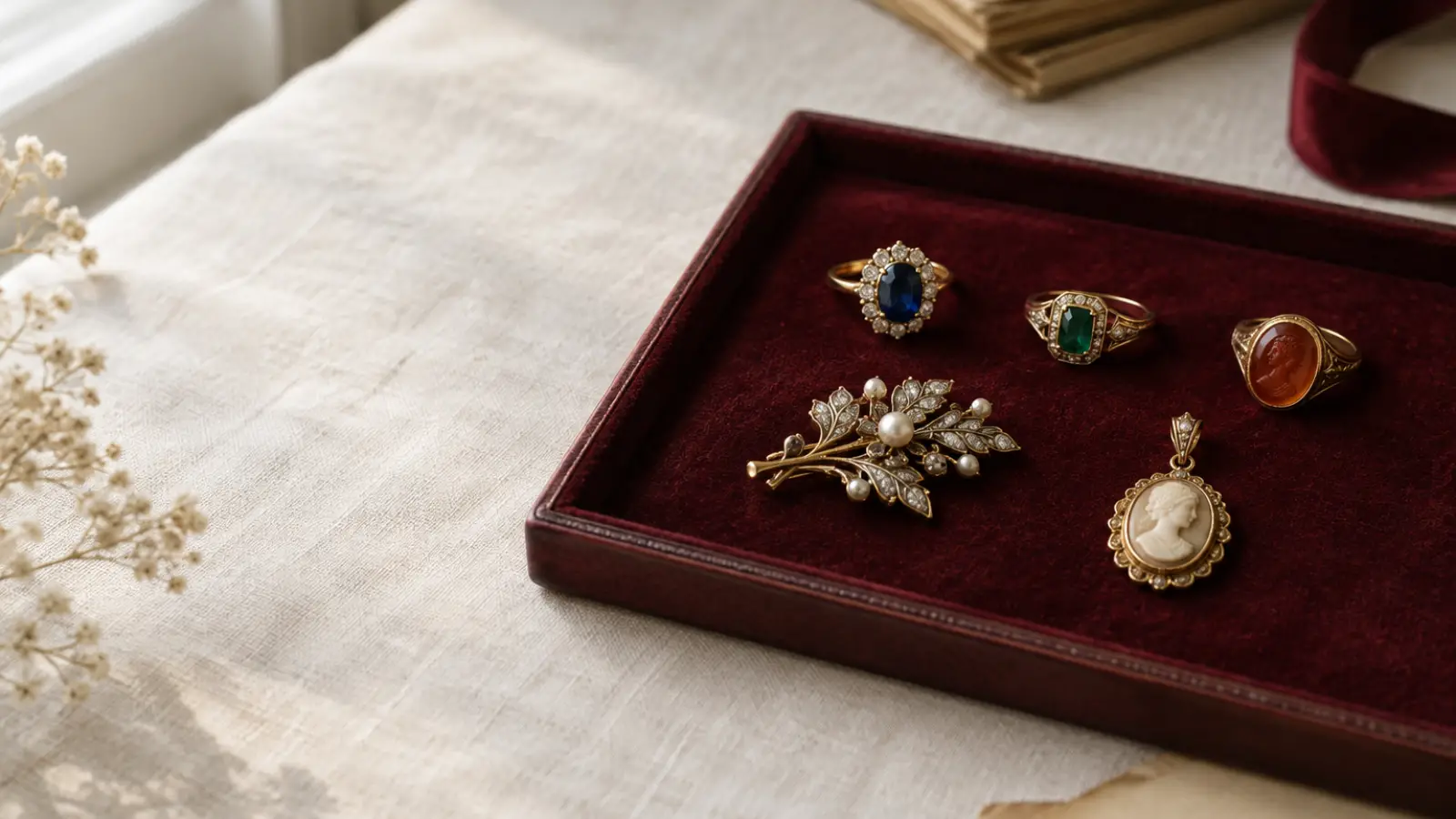 Vintage rings, brooches and signed costume jewelry arranged for a value assessment