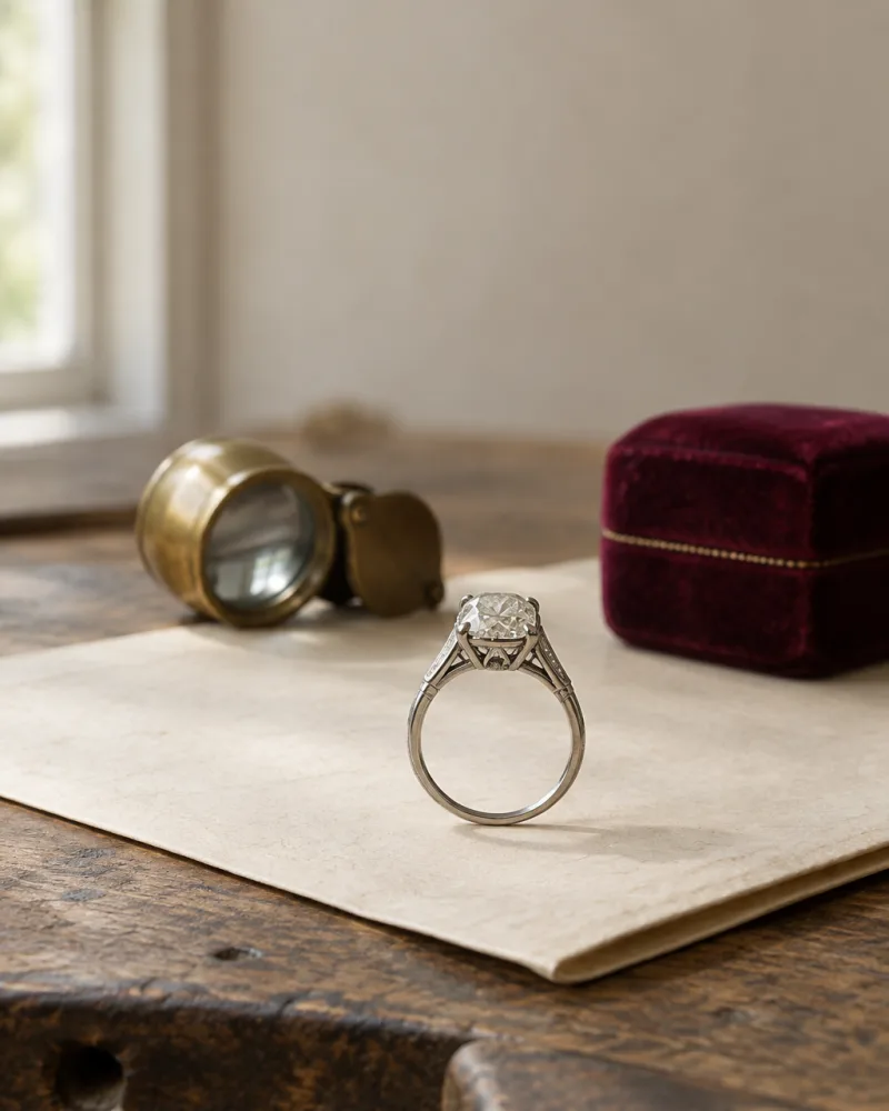 A vintage engagement ring on a jeweler's bench, photographed for the manual