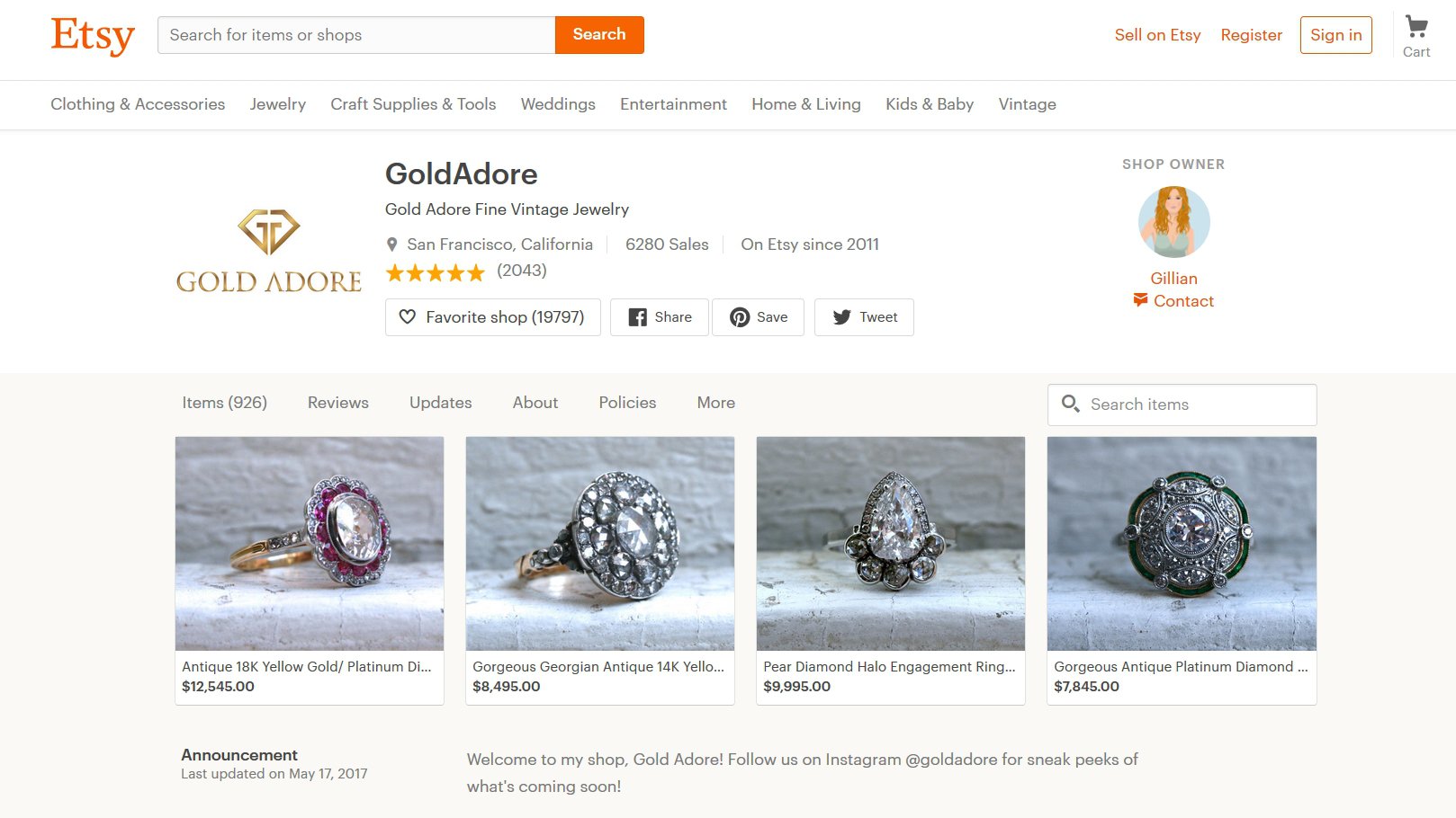 best vintage jewelry shops on etsy - gold adore