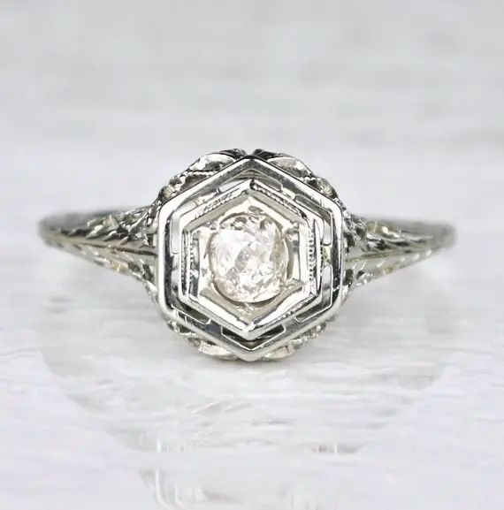 Art Deco Filigree Hexagon Diamond Engagement Ring - Red Ginger Jewelry Co.