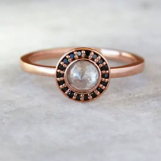 Black Diamond Halo Ring Rose Cut Natural Icy Diamond Center by Shop Clementine