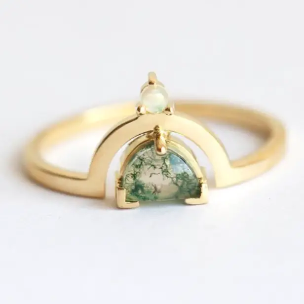 Moss Agate Crescent Ring Australian Opal Engagement Ring by Minimal VS