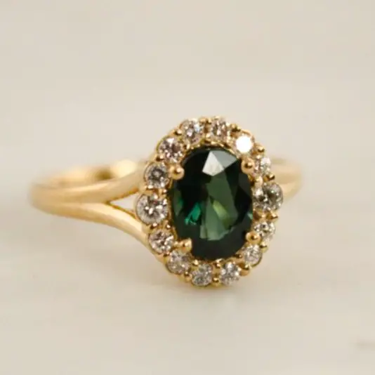 Oval Blue Green Sapphire Split Shank Diamond Halo Engagement Ring by Studio 1040