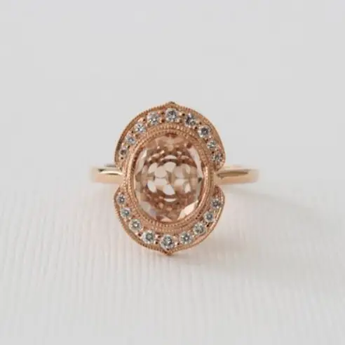 Oval Morganite Milgrained Bezel Diamond Halo Engagement Ring by Studio 1040
