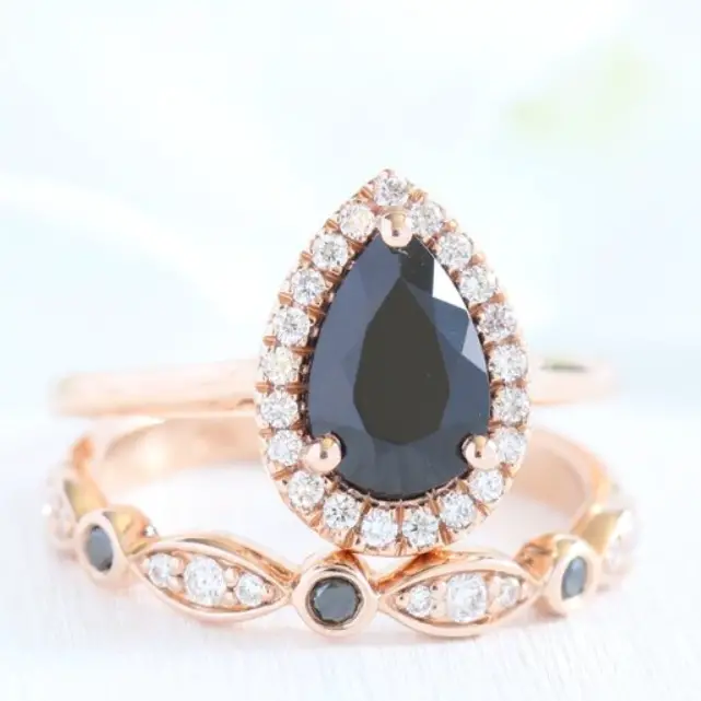 Rose Gold Black Spinel Halo Diamond Ring Bridal Set Pear by LaMore Design