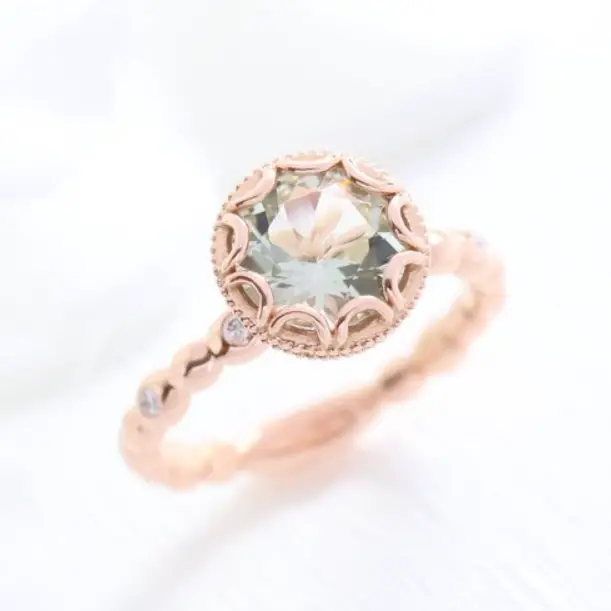 Rose Gold Green Amethyst Engagement Ring in Floral Diamond by LaMore Design