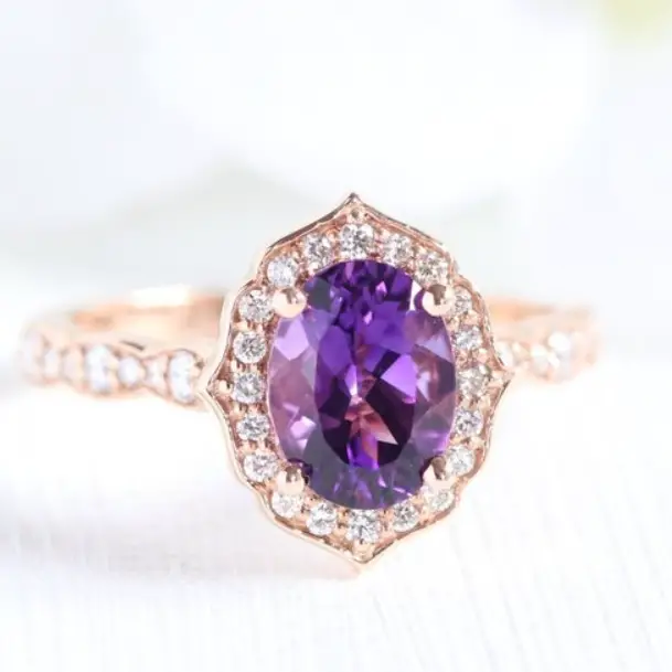 Vintage Floral Amethyst Engagement Ring in 14k Rose Gold by LaMore Design