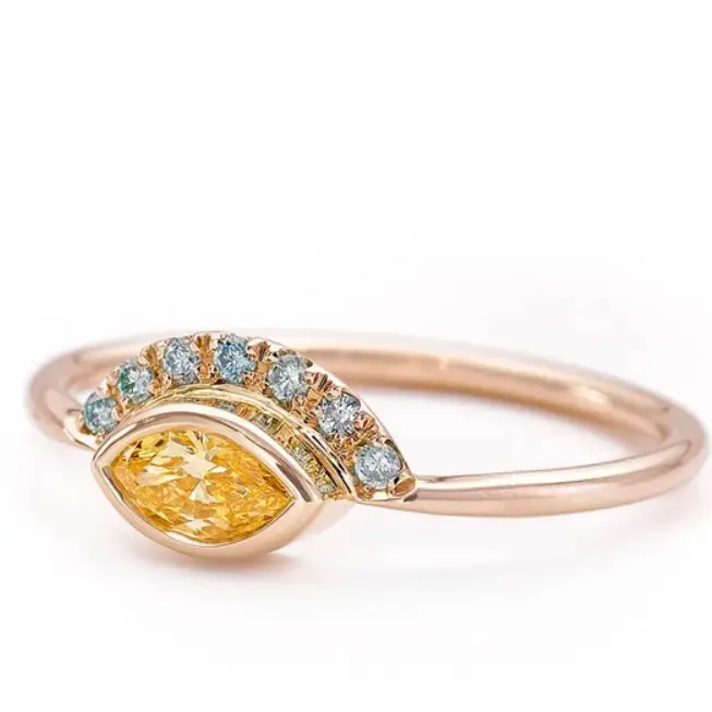 Yellow Marquise Diamond Ring Blue Diamonds Pave Crown ring by Artemer
