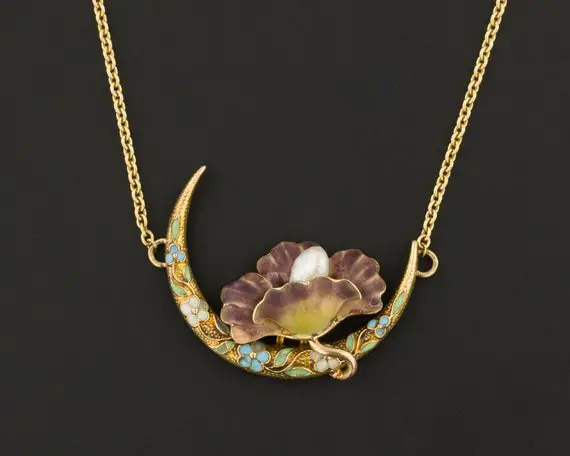 Crescent Moon Antique Pin Conversion Necklace by Trademark Antiques