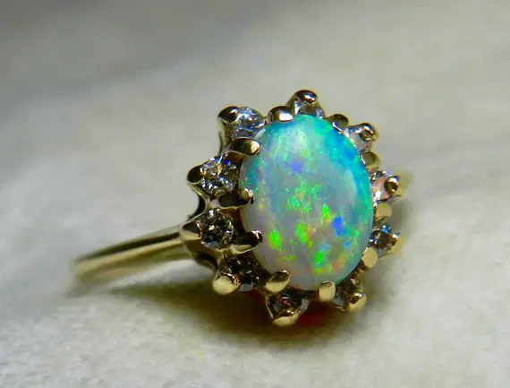 Vintage 14K Gold Diamond Halo Australian Opal Engagement Ring
