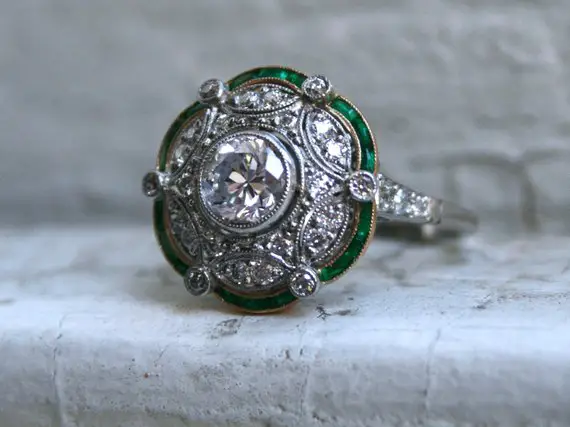 Vintage Platinum Diamond and Emerald Ring