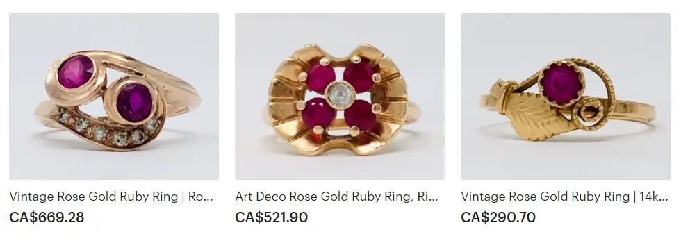 Eightieth Wedding Anniversary Gift - Vintage Rose Gold Ruby Rings from Ruby and Juniper on Etsy