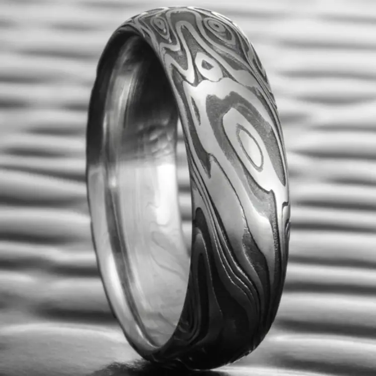 Damascus Steel Domed Band with Dark Fire Oxide by Makume Damascus Rings on Etsy