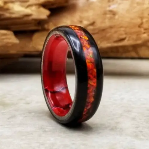 Red Fire Opal Hybrid Ring With Titanium and Ebony Wood by Stone Wood Dezines on Etsy