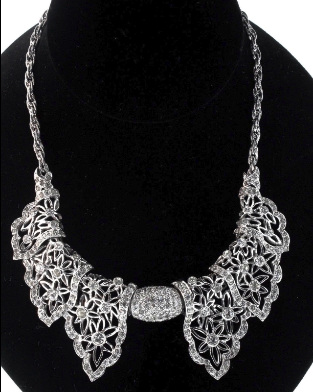 RALPH DEROSA Sterling Pierced Floral Lacey Rhinestone Collar Necklace