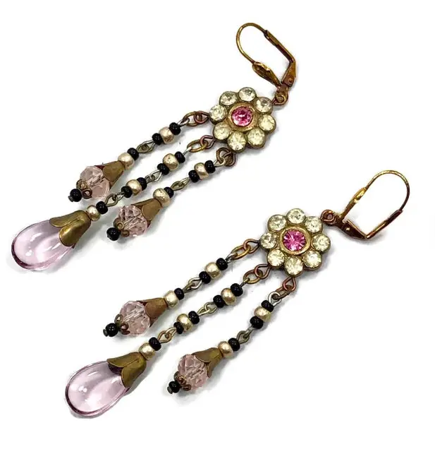 1920s Vintage Pink Czech Glass and Brass Earrings from In Vintage Heaven on Etsy