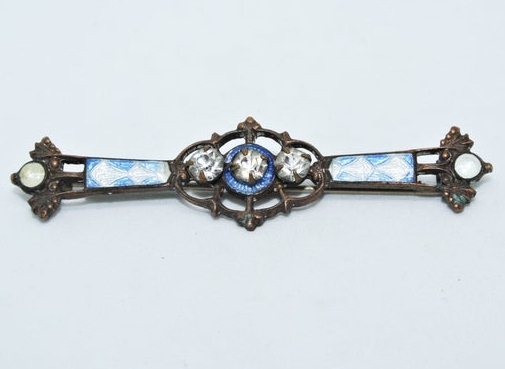 1930s Art Deco Blue Enamel Bar Brooch with White Paste Gems from Shelley Manor on Etsy