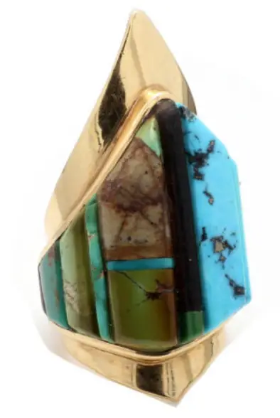 Charles Loloma 14K Yellow Gold Turquoise Hopi Shield Inlay Ring
