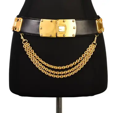 Donna Karan Vintage Black Leather Gold Plaque Chain Belt from Amarcord Vintage Fashion