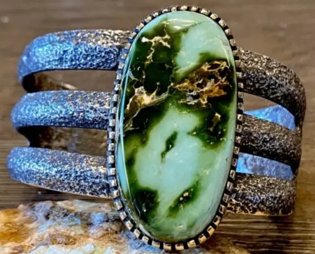 Hopi CHARLES LOLOMA Sterling 14k Gem Green Turquoise Cuff Bracelet