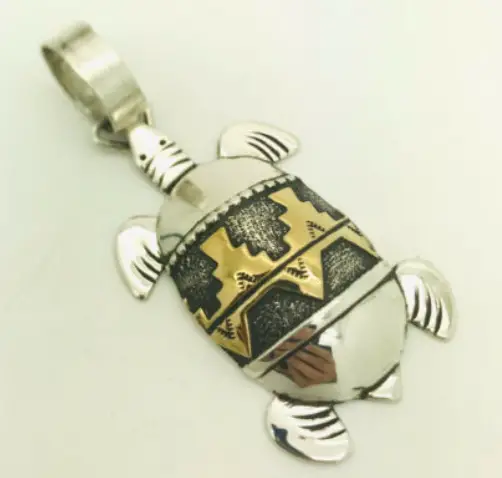 Navajo Tommy Singer Gold Overlay Sea Turtle Pendant Necklace