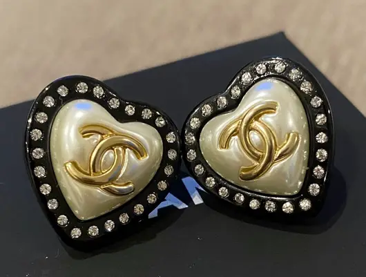 Classic Coco Chanel Black Resin, Pearls, and Crystal studs from MercyPlatinum on Etsy