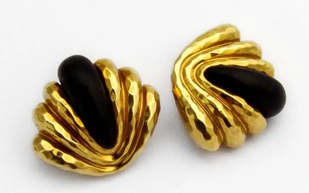 Henry Dunay Hammered Gold and Ebony Wood Clip On Earrings from BerrysGems on Etsy