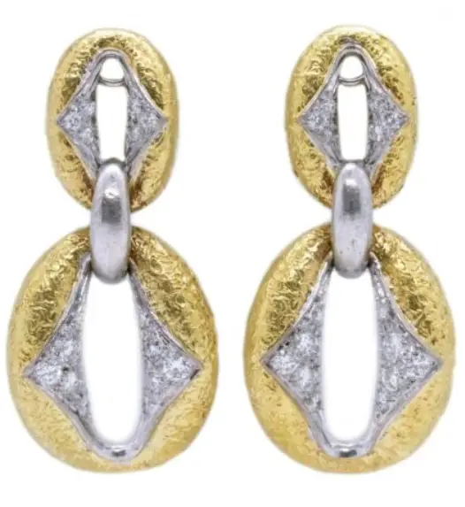 KUTCHINSKY 18 KT Textured Gold Drop Clip-On Diamond Earrings eBay