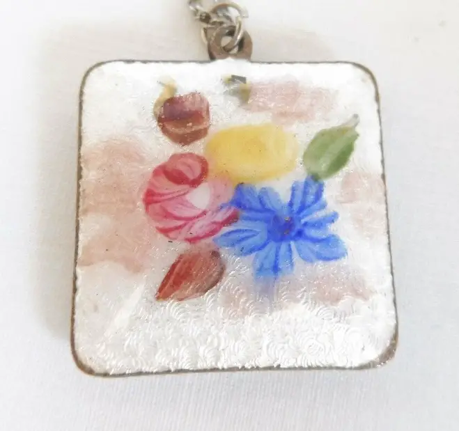 Vintage Guilloche Enamel Square Floral Pendant from eBay