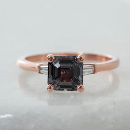 Rose Gold 3 Stone Asscher Cut Grey Spinel Engagement Ring from lovebyohkuol on Etsy