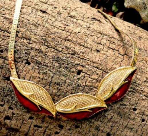 Vintage 1960s Trifari gold with red enamel leaf necklace from eBay