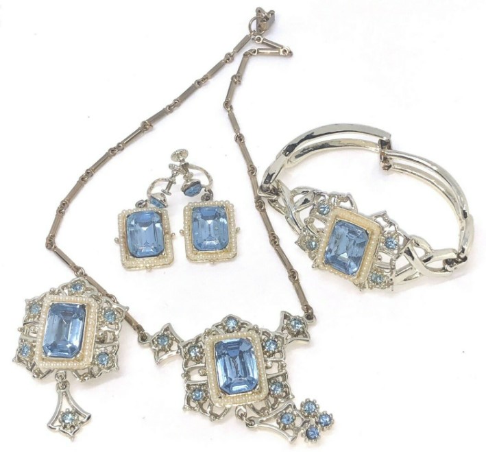Coro Parure Set with Blue Stones and Faux Pearls
