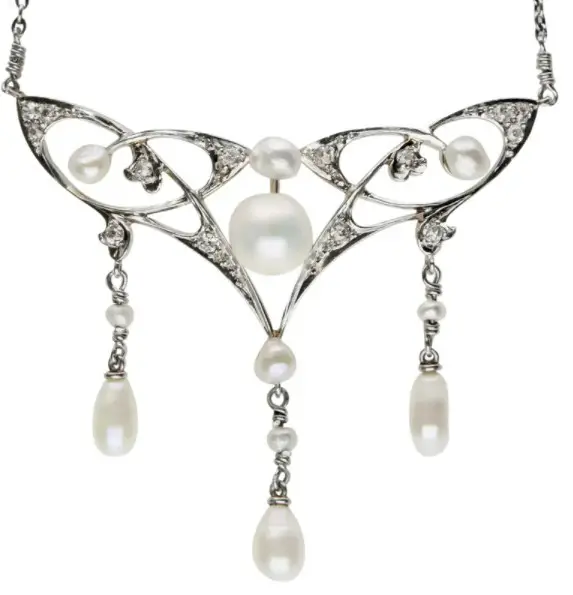 Edwardian Natural Pearl & Mine Cut Diamond Necklace